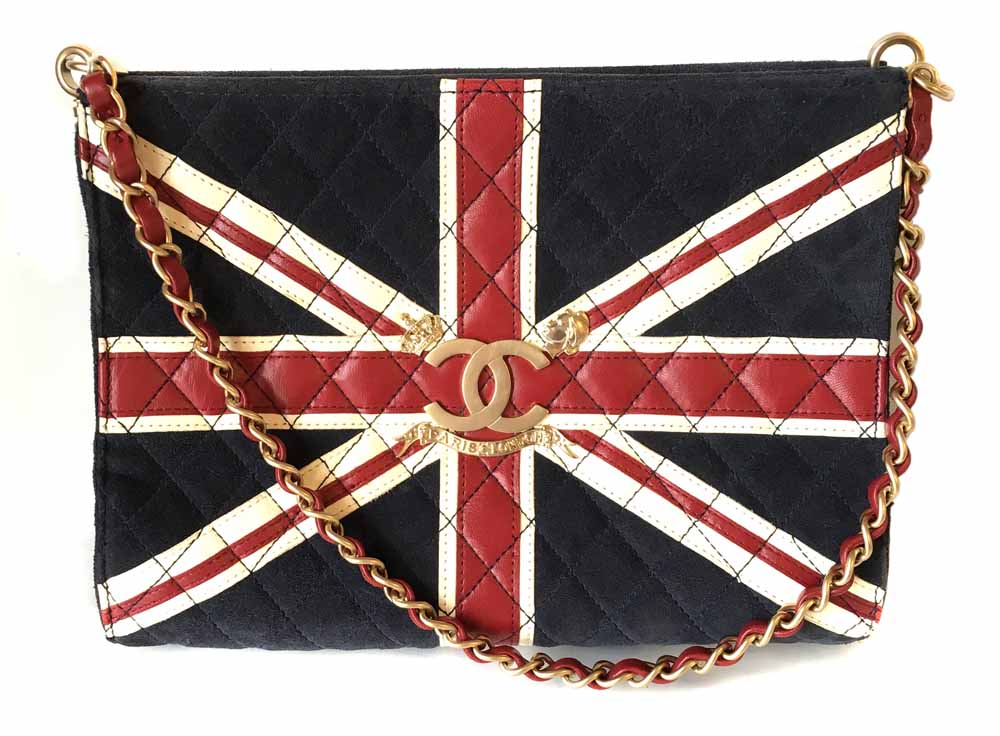 hanel union jack quilted suede and leather bag (2008-2009), with gold coloured metal hardware, signature logo to the front, chain strap, zipped internal wall pocket, pin striped interior, serial number inside the bag 12336431, 9 x 24.5 x 6cm, shoulder height drop 26cm. Condition report: Condition of the bag is good, slight fading to the bottom corners and slight wear to other parts of the suede, one mark to the back, interior very good condition. Sold for £793